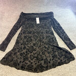 wild fable Black Velvet Rose Pattern Fit & Flare Dress